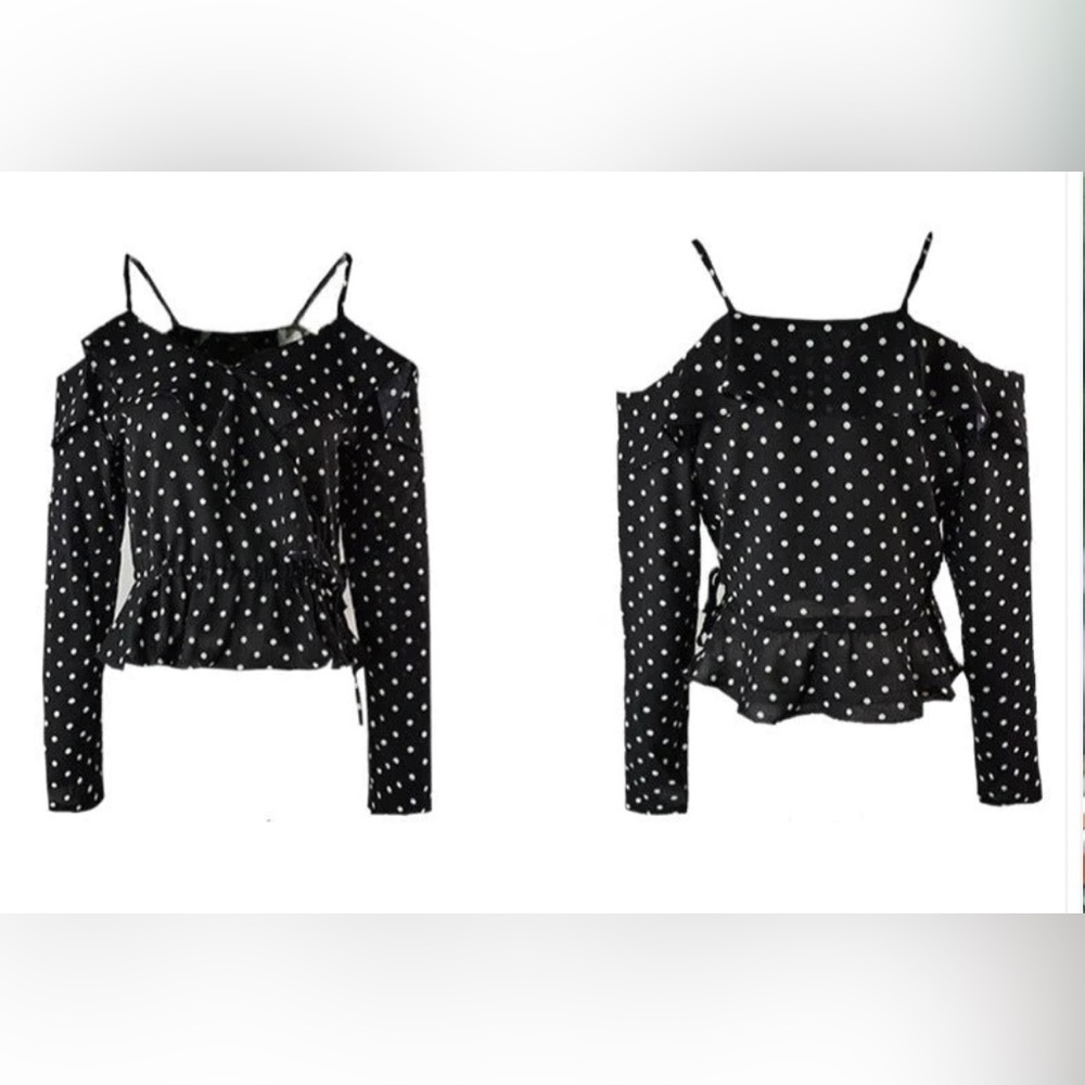Polka Dot Cold Shoulder Black Chiffon Blouse